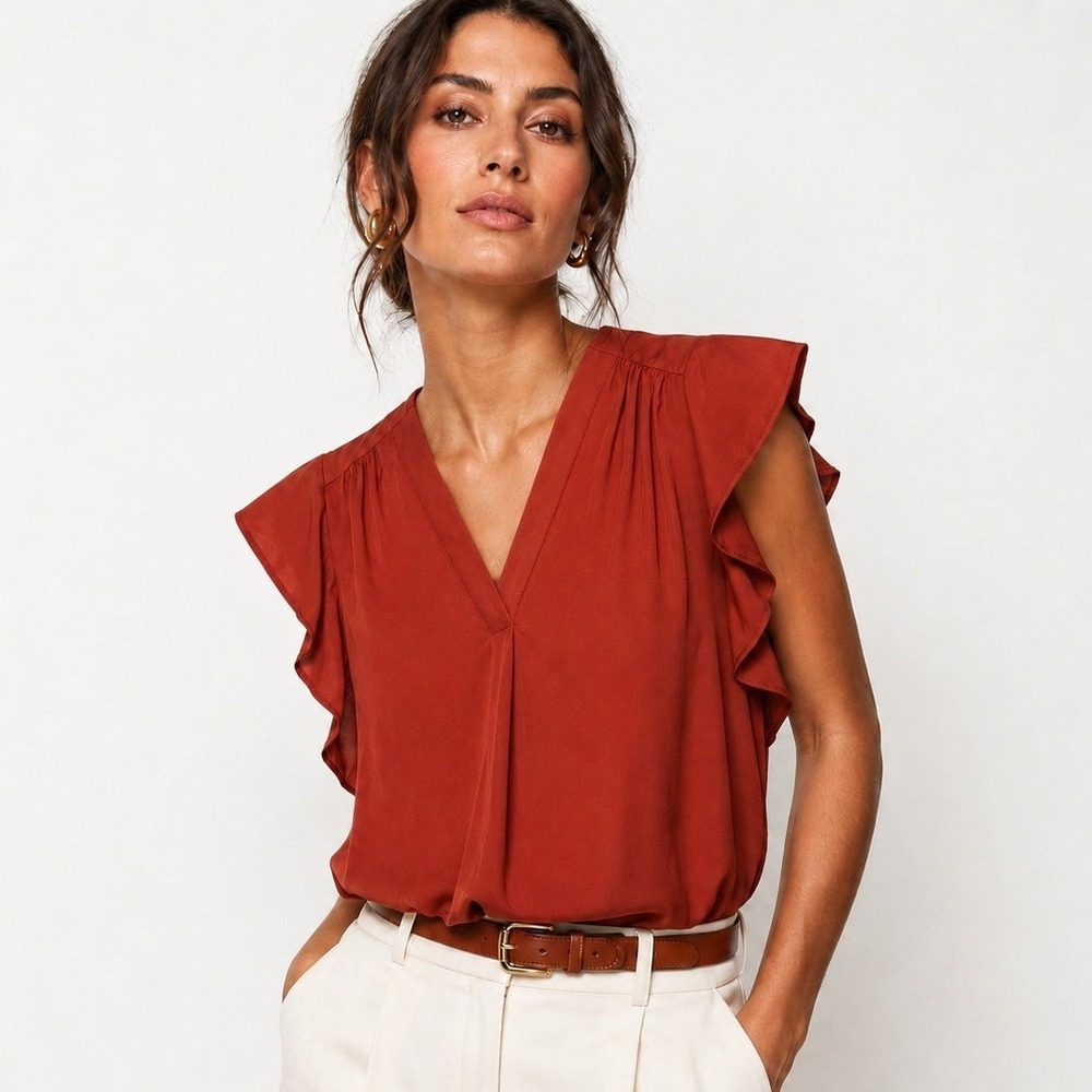 Vince Camuto Veronica Ruffle Sleeve Blouse Fired Brick Burnt Orange XS NWT